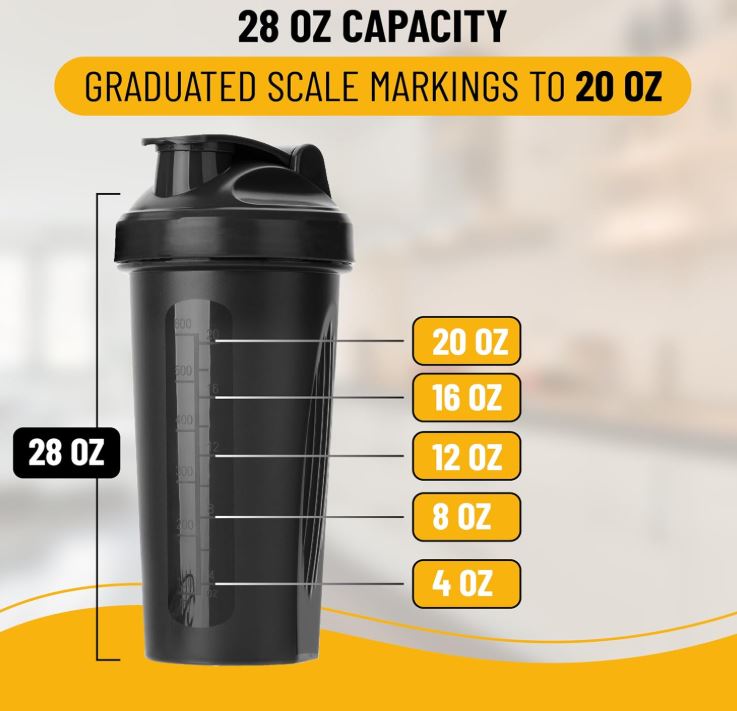 Mr. Pen- Shaker Bottles for Protein Mixes, 28 oz, 1 Pack, Black, Protein Shaker Bottle with Wire Whisk Ball, Blender Bottle