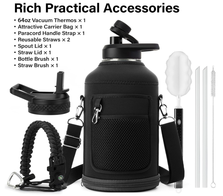 64oz Insulated Water Bottle – Stainless Steel, BPA-Free, with Straw, Carrier Bag & Handle Strap, Half-Gallon Sports Jug for Gym & Hiking