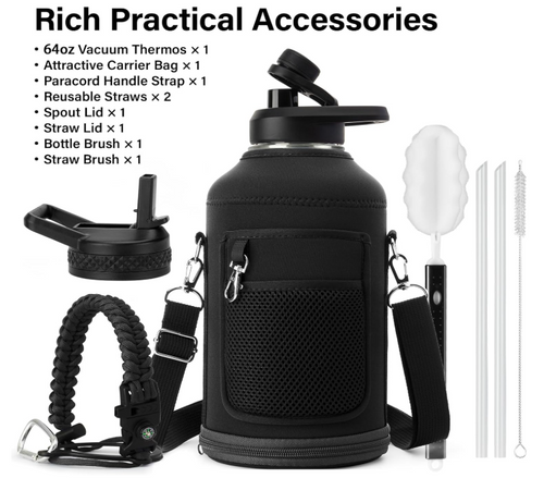 64oz Insulated Water Bottle – Stainless Steel, BPA-Free, with Straw, Carrier Bag & Handle Strap, Half-Gallon Sports Jug for Gym & Hiking