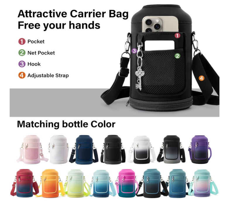 64oz Insulated Water Bottle – Stainless Steel, BPA-Free, with Straw, Carrier Bag & Handle Strap, Half-Gallon Sports Jug for Gym & Hiking