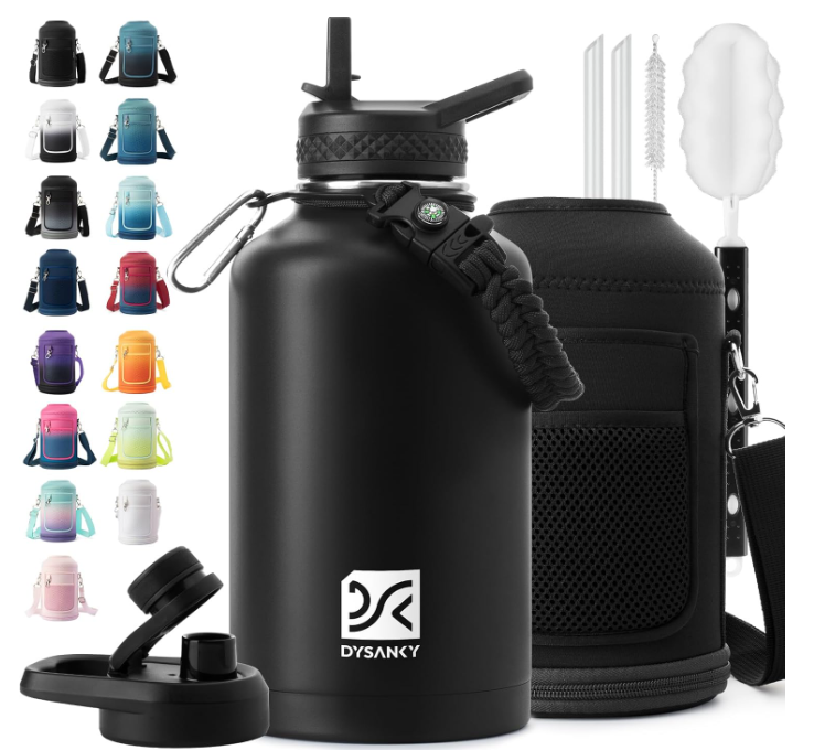 64oz Insulated Water Bottle – Stainless Steel, BPA-Free, with Straw, Carrier Bag & Handle Strap, Half-Gallon Sports Jug for Gym & Hiking