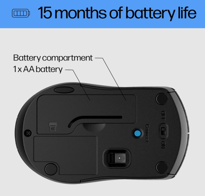 HP X3000 G3 Wireless Mouse – 1600 DPI, 15-Month Battery, Side Grips, Travel-Friendly, Black (683N7AA)