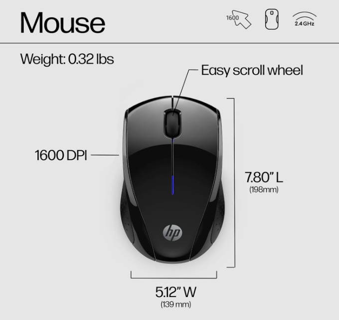 HP X3000 G3 Wireless Mouse – 1600 DPI, 15-Month Battery, Side Grips, Travel-Friendly, Black (683N7AA)