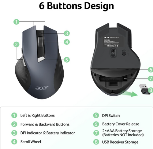 Acer Wireless Mouse 2.4GHz, USB Cordless Mouse with 6 Buttons, Adjustable DPI up to 1600, for PC/Laptop/Desktop