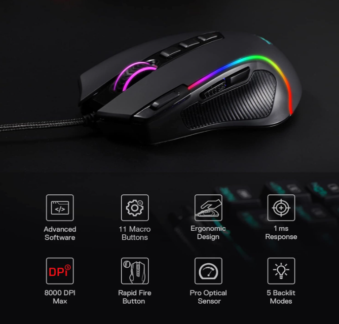 Redragon M612 RGB Gaming Mouse – 8000 DPI, Wired, 11 Programmable Buttons, 5 Lighting Modes, Rapid Fire, Customizable Software