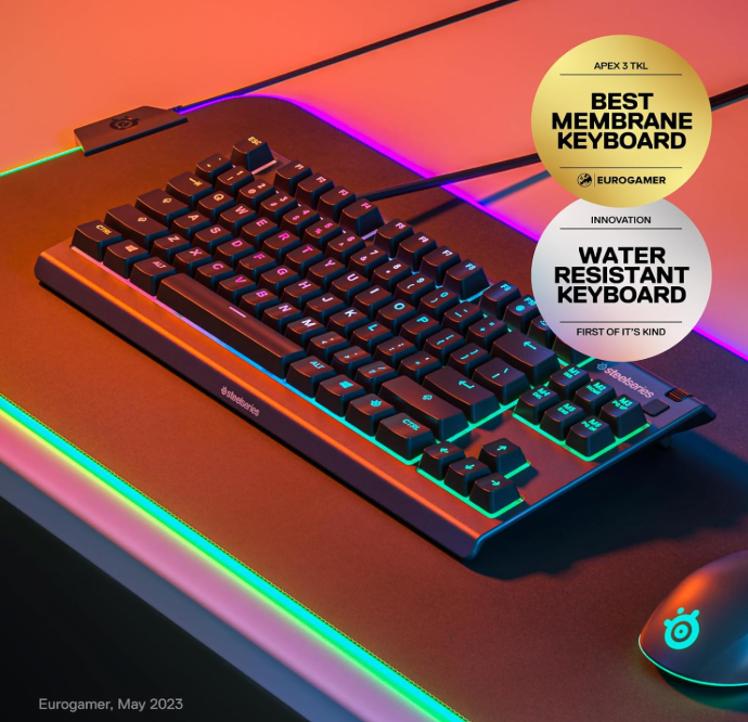 SteelSeries Apex 3 TKL RGB Gaming Keyboard – Compact, 8-Zone RGB, Quiet Switches, IP32 Water-Resistant, Anti-Ghosting – Black