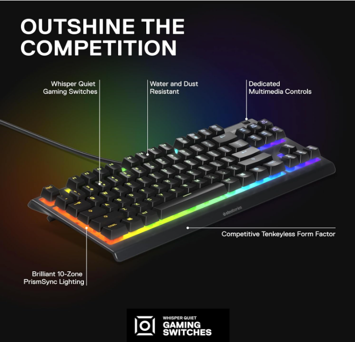 SteelSeries Apex 3 TKL RGB Gaming Keyboard – Compact, 8-Zone RGB, Quiet Switches, IP32 Water-Resistant, Anti-Ghosting – Black
