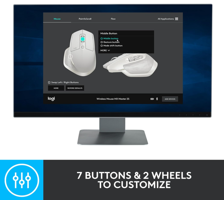 Logitech MX Master 2S Wireless Mouse – Bluetooth, Multi-Device, Fast Scrolling, Ergonomic, Rechargeable – Graphite