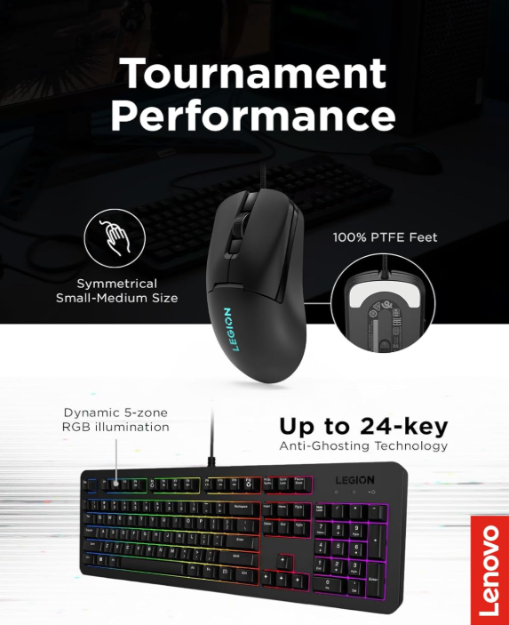Lenovo Legion KM310 RGB Gaming Keyboard & Mouse Combo – Silent, Water-Resistant Keyboard + 8000 DPI, 6-Button Mouse