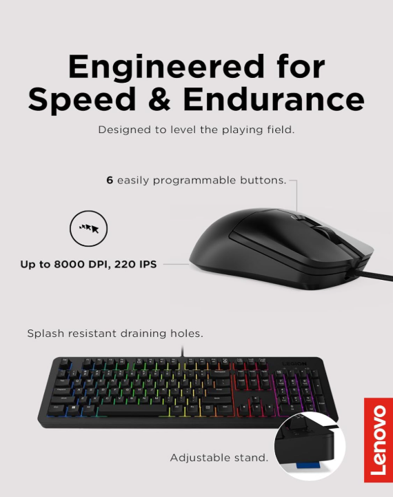 Lenovo Legion KM310 RGB Gaming Keyboard & Mouse Combo – Silent, Water-Resistant Keyboard + 8000 DPI, 6-Button Mouse