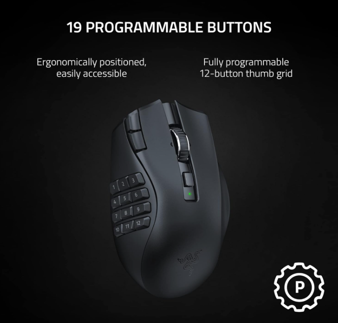 Razer Naga V2 HyperSpeed Wireless MMO Mouse – 19 Buttons, HyperScroll, 30K Sensor, Gen-2 Switches, 400Hr Battery