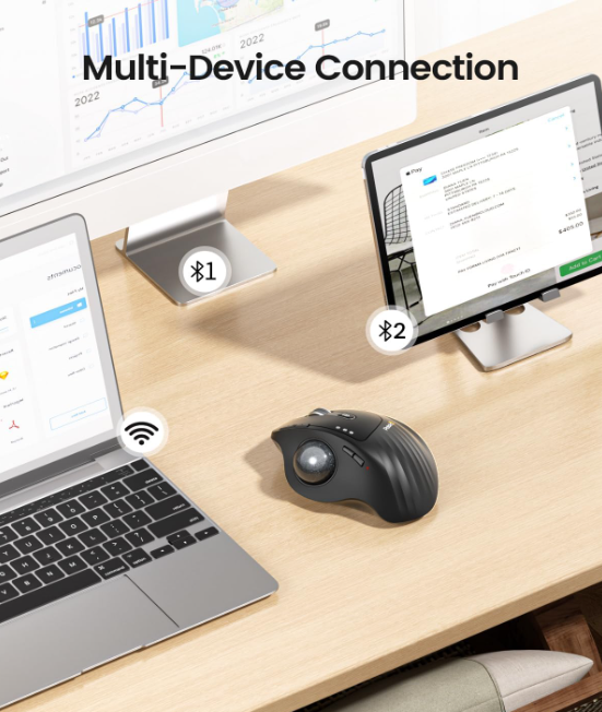 ProtoArc Wireless Trackball Mouse, EM01 NL Ergonomic Bluetooth Rollerball Thumb Rechargeable Computer Laptop Mouse, Adjustable Angle & 3 Device Connection for PC, Mac, Windows-Gray Ball