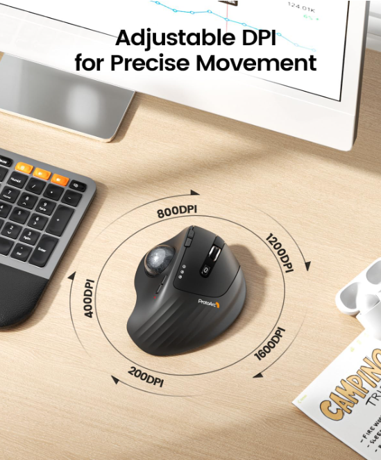 ProtoArc Wireless Trackball Mouse, EM01 NL Ergonomic Bluetooth Rollerball Thumb Rechargeable Computer Laptop Mouse, Adjustable Angle & 3 Device Connection for PC, Mac, Windows-Gray Ball