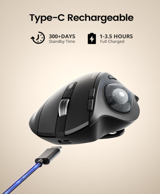 ProtoArc Wireless Trackball Mouse, EM01 NL Ergonomic Bluetooth Rollerball Thumb Rechargeable Computer Laptop Mouse, Adjustable Angle & 3 Device Connection for PC, Mac, Windows-Gray Ball