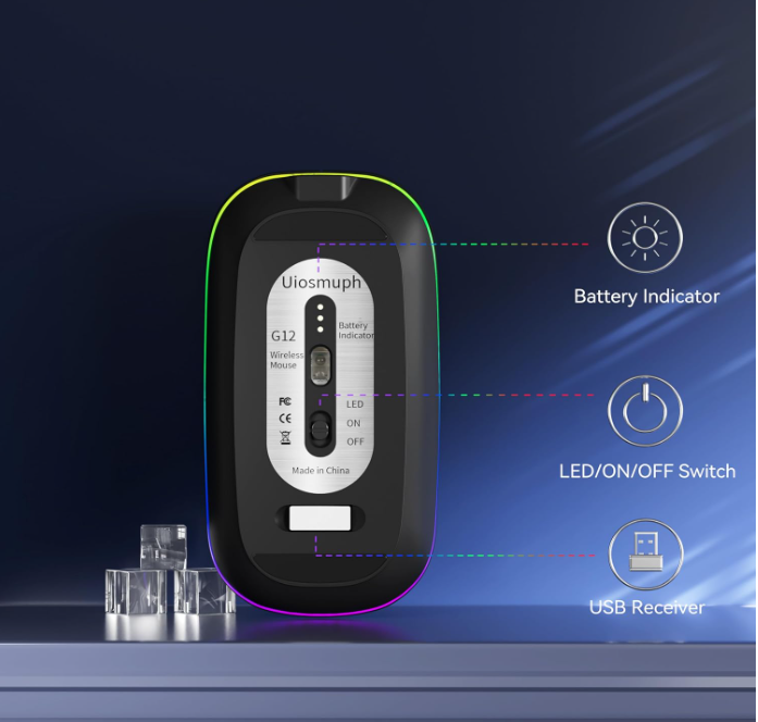 Uiosmuph LED Wireless Mouse, G12 Slim Rechargeable Silent Mouse, 2.4G Portable USB Optical Computer Mice with USB Receiver and Type C Adapter (Matte Black)