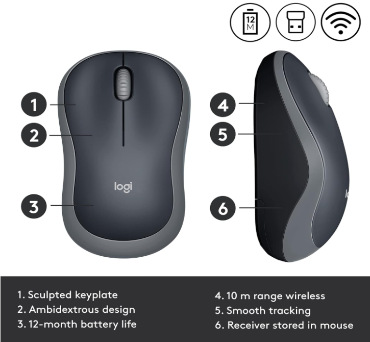 Logitech M185 Wireless Mouse – 2.4GHz, USB Receiver, 12-Mo Battery, 1000 DPI – PC/Mac – Swift Grey