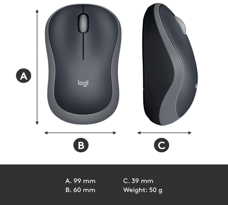 Logitech M185 Wireless Mouse – 2.4GHz, USB Receiver, 12-Mo Battery, 1000 DPI – PC/Mac – Swift Grey