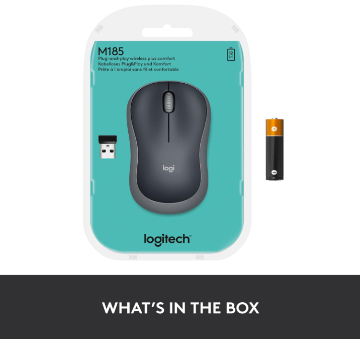 Logitech M185 Wireless Mouse – 2.4GHz, USB Receiver, 12-Mo Battery, 1000 DPI – PC/Mac – Swift Grey